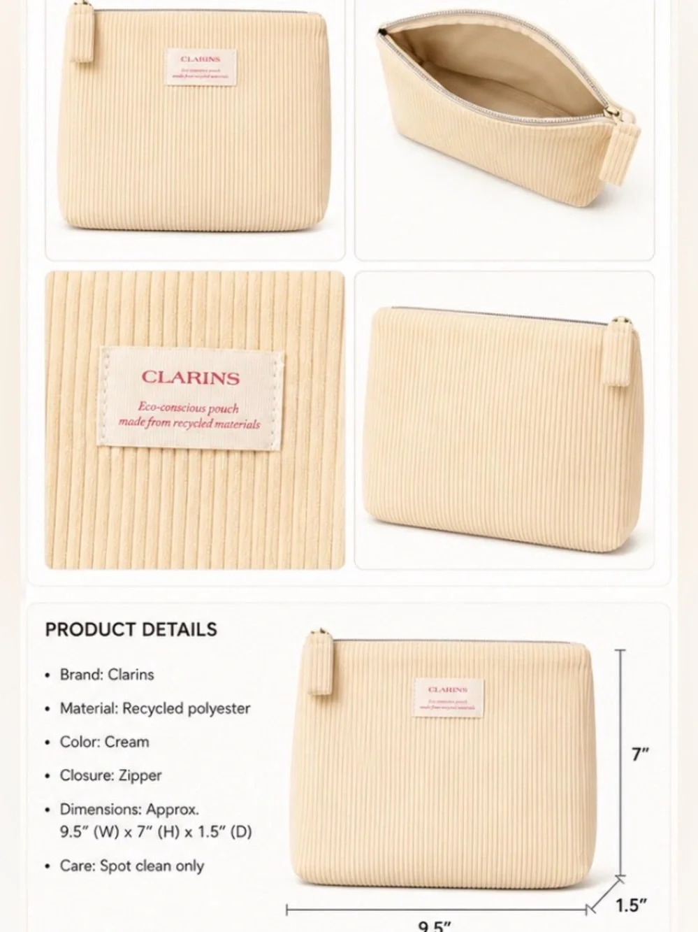 Clarins Corduroy Cosmetic Bag – Cream Eco-Conscious Makeup Pouch  NEW IN PACKAGE